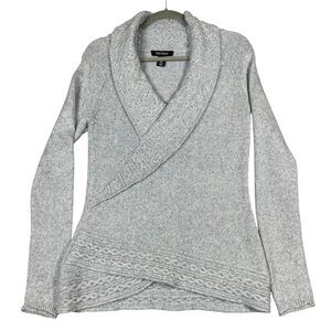 White House Black Market Wool Blend Cable Knit Trim Sparkly Faux Wrap Sweater  S